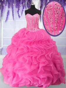Hot Pink Lace Up Sweetheart Beading and Ruffles Quinceanera Gowns Organza Sleeveless