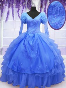 Attractive One Shoulder Long Sleeves Beading and Embroidery and Hand Made Flower Lace Up Sweet 16 Quinceanera Dress