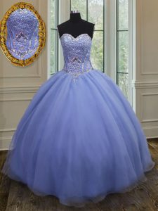 Luxury Beading Ball Gown Prom Dress Lavender Lace Up Sleeveless Floor Length