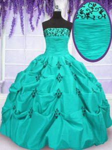 Aqua Blue Mermaid Embroidery and Pick Ups Quince Ball Gowns Lace Up Taffeta Sleeveless Floor Length