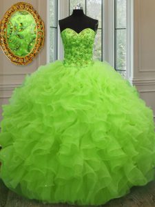 Yellow Green Sweetheart Lace Up Beading and Ruffles Sweet 16 Quinceanera Dress Sleeveless