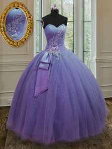 Exceptional Ball Gowns Vestidos de Quinceanera Lavender Sweetheart Tulle and Sequined Sleeveless Floor Length Lace Up