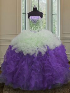 New Style White And Purple Sleeveless Floor Length Beading and Ruffles Lace Up Sweet 16 Quinceanera Dress