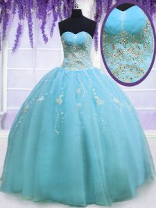Baby Blue Ball Gown Prom Dress Military Ball and Sweet 16 and Quinceanera and For with Beading Sweetheart Sleeveless Zip