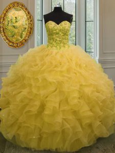 Hot Sale Gold Organza Lace Up Quinceanera Dress Sleeveless Floor Length Beading and Ruffles