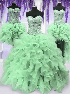 Four Piece Apple Green Lace Up Quince Ball Gowns Beading and Ruffles Sleeveless Floor Length