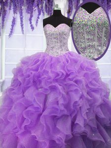 Flirting Lavender Lace Up Vestidos de Quinceanera Ruffles and Sequins Sleeveless Floor Length