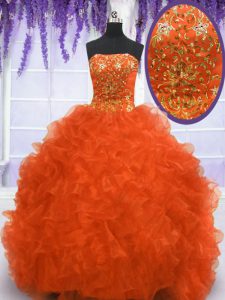 New Style With Train Lace Up Quinceanera Dresses Orange Red for Military Ball and Sweet 16 and Quinceanera with Beading 