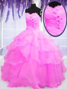 Lovely Sweetheart Sleeveless Quince Ball Gowns Floor Length Beading and Ruffled Layers Hot Pink Organza