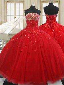 Red Sleeveless Beading Floor Length Quinceanera Dresses