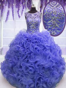 Scoop Purple Ball Gowns Beading and Ruffles Sweet 16 Dress Lace Up Organza Sleeveless Floor Length