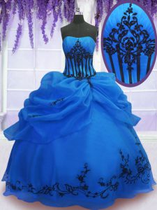 Luxurious Blue Organza Lace Up Sweet 16 Dresses Sleeveless Floor Length Embroidery
