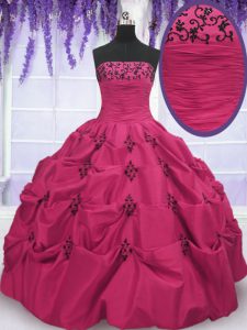 Best Hot Pink Strapless Lace Up Embroidery and Pick Ups 15 Quinceanera Dress Sleeveless