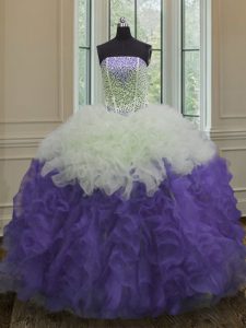 Sleeveless Organza Floor Length Lace Up Vestidos de Quinceanera in White And Purple with Beading and Ruffles