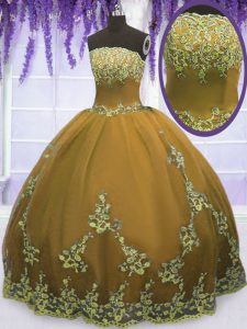 Cute Floor Length Brown Sweet 16 Quinceanera Dress Tulle Sleeveless Appliques
