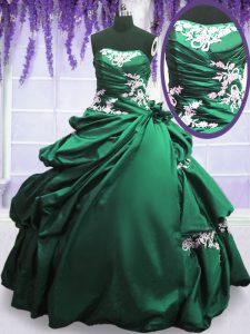 Green and Dark Green Taffeta Lace Up Strapless Sleeveless Floor Length Sweet 16 Dresses Appliques and Pick Ups