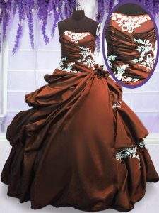 Spectacular Floor Length Lace Up Sweet 16 Dresses Brown for Military Ball and Sweet 16 and Quinceanera with Appliques an