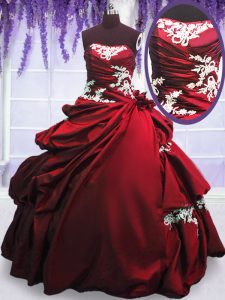 Pick Ups Floor Length Wine Red Quinceanera Dresses Strapless Sleeveless Lace Up