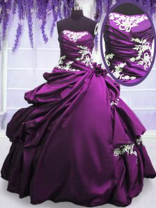 Excellent Purple Taffeta Lace Up Strapless Sleeveless Floor Length 15th Birthday Dress Appliques and Pick Ups