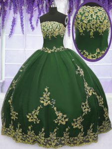 Edgy Dark Green Quinceanera Gown Military Ball and Sweet 16 and Quinceanera and For with Appliques Strapless Sleeveless 