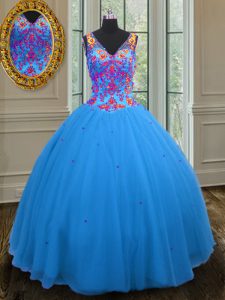 Lovely Straps Tulle Sleeveless Floor Length Vestidos de Quinceanera and Beading and Sequins