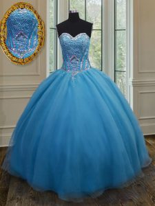 Fabulous Baby Blue Ball Gowns Sweetheart Sleeveless Organza Floor Length Lace Up Beading and Belt Sweet 16 Quinceanera D