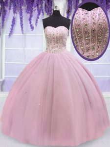 Sumptuous Floor Length Baby Pink Sweet 16 Quinceanera Dress Tulle Sleeveless Beading