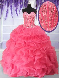 Beading and Ruffles Quince Ball Gowns Rose Pink Lace Up Sleeveless Floor Length