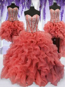 Flare Four Piece Beading and Ruffles 15th Birthday Dress Coral Red Lace Up Sleeveless Floor Length