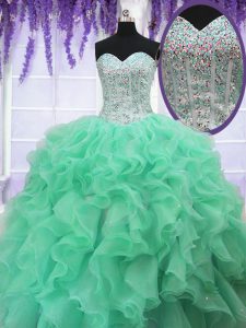 Sophisticated Apple Green Ball Gowns Organza Sweetheart Sleeveless Ruffles and Sequins Floor Length Lace Up Quinceanera 