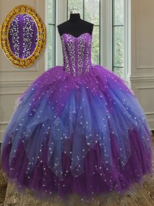 Multi-color Ball Gowns Tulle Sweetheart Sleeveless Beading and Ruffles and Sequins Floor Length Lace Up Sweet 16 Quincea