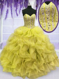 Dazzling Beading and Ruffles 15 Quinceanera Dress Yellow Lace Up Sleeveless Floor Length