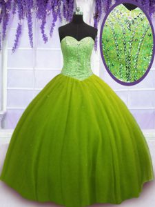 Attractive Olive Green Ball Gowns Tulle Sweetheart Sleeveless Beading Floor Length Lace Up 15th Birthday Dress