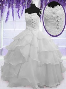 Floor Length Silver Quince Ball Gowns Organza Sleeveless Beading and Ruffled Layers