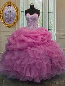 Best Floor Length Rose Pink 15th Birthday Dress Organza Sleeveless Beading and Ruffles and Pick Ups