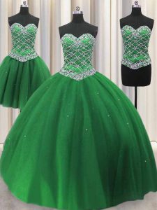 Fine Three Piece Sequins Floor Length Green 15 Quinceanera Dress Sweetheart Sleeveless Lace Up