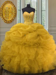 Most Popular Floor Length Lace Up Quince Ball Gowns Gold for Military Ball and Sweet 16 and Quinceanera with Beading and