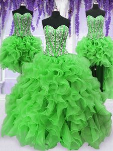 Four Piece Floor Length 15th Birthday Dress Organza Sleeveless Beading and Ruffles