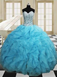Modest Baby Blue Sweetheart Neckline Beading and Ruffles Quince Ball Gowns Sleeveless Lace Up
