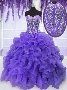 Lavender Lace Up Sweetheart Beading and Ruffles Ball Gown Prom Dress Organza Sleeveless