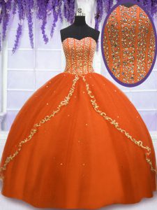 Orange Red Lace Up Sweetheart Beading Quinceanera Gowns Tulle Sleeveless