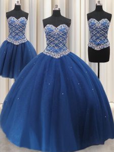 Glamorous Three Piece Blue Tulle Lace Up Sweetheart Sleeveless Floor Length 15th Birthday Dress Beading and Sequins