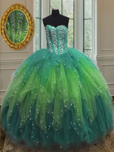 Graceful Multi-color Ball Gowns Beading and Ruffles and Sequins Sweet 16 Dresses Lace Up Tulle Sleeveless Floor Length