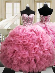 Sleeveless Floor Length Beading and Ruffles Lace Up Quinceanera Dresses with Rose Pink