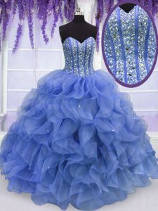 Floor Length Blue Quinceanera Dress Organza Sleeveless Beading and Ruffles