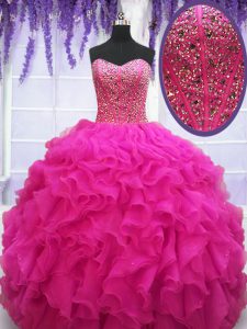 Fancy Fuchsia Lace Up Quinceanera Gowns Beading and Ruffles Sleeveless Floor Length