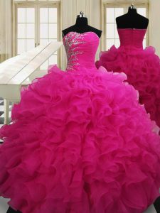Glittering Floor Length Ball Gowns Sleeveless Hot Pink Quince Ball Gowns Zipper