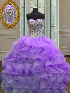 Colorful Lavender Lace Up Sweetheart Beading and Ruffles Ball Gown Prom Dress Organza Sleeveless