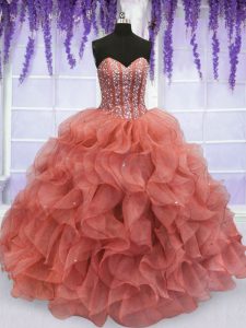 Watermelon Red Sweetheart Neckline Beading and Ruffles Quinceanera Dresses Sleeveless Lace Up