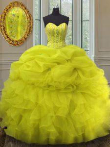 Captivating Yellow Sleeveless Floor Length Beading and Ruffles and Pick Ups Lace Up Sweet 16 Dress